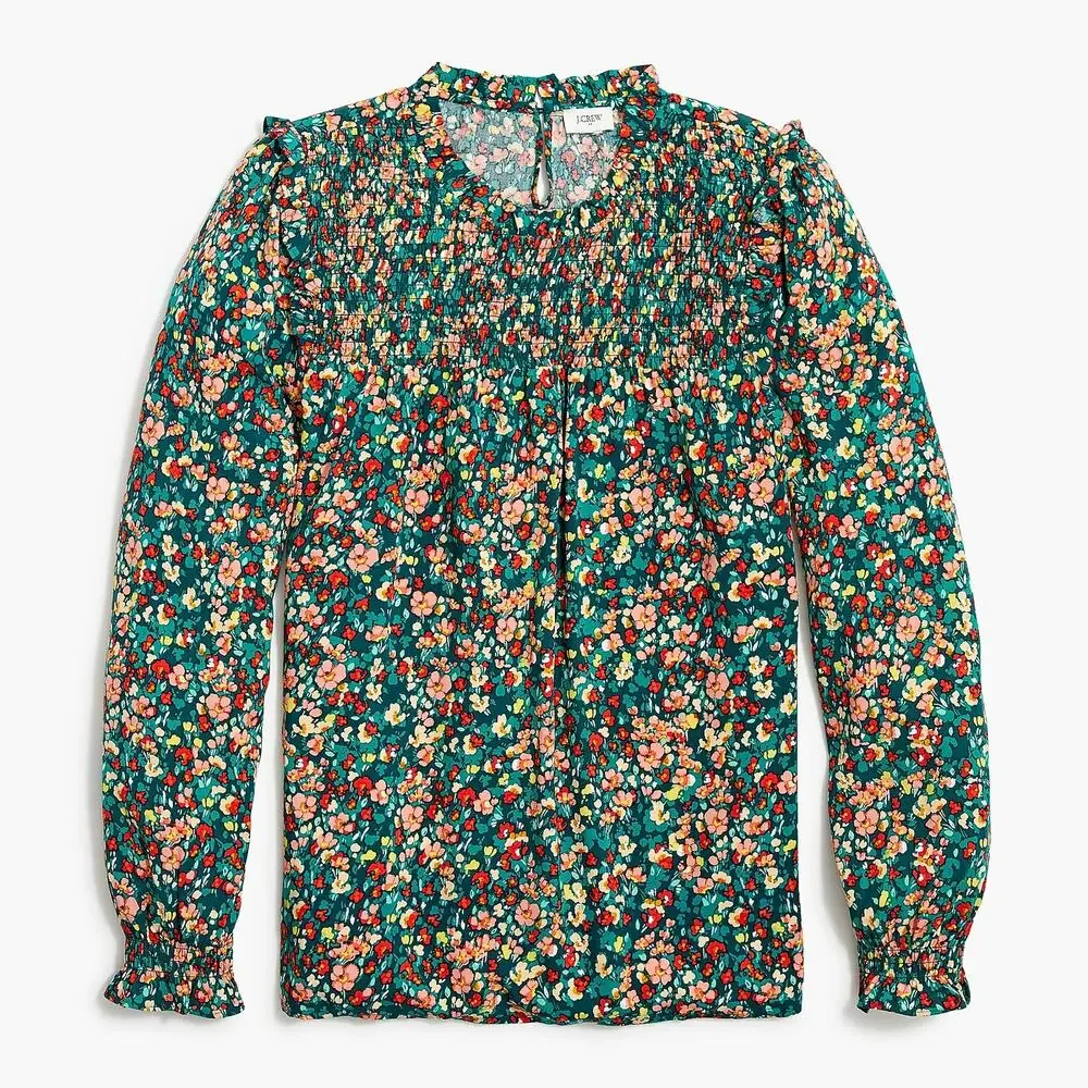 J. Crew Smocked Ruffleneck Top Old Forest‎ Coral Size XS